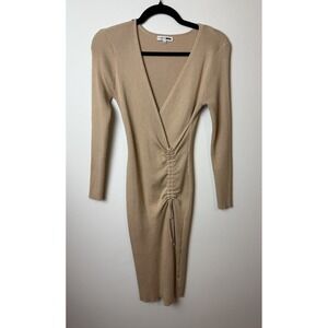 FASHION NOVA Women's Taupe Long Sleeve Sweater V Neck Ruched Midi Dress L